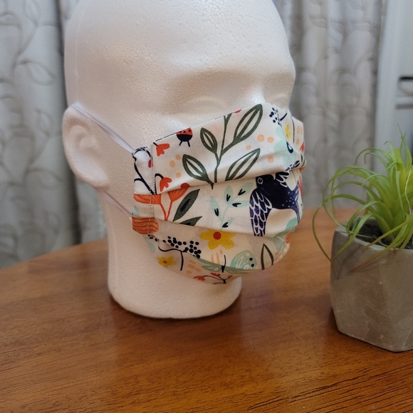 Floral Pleated Face Mask with Blue Birds - Picture 2 of 3